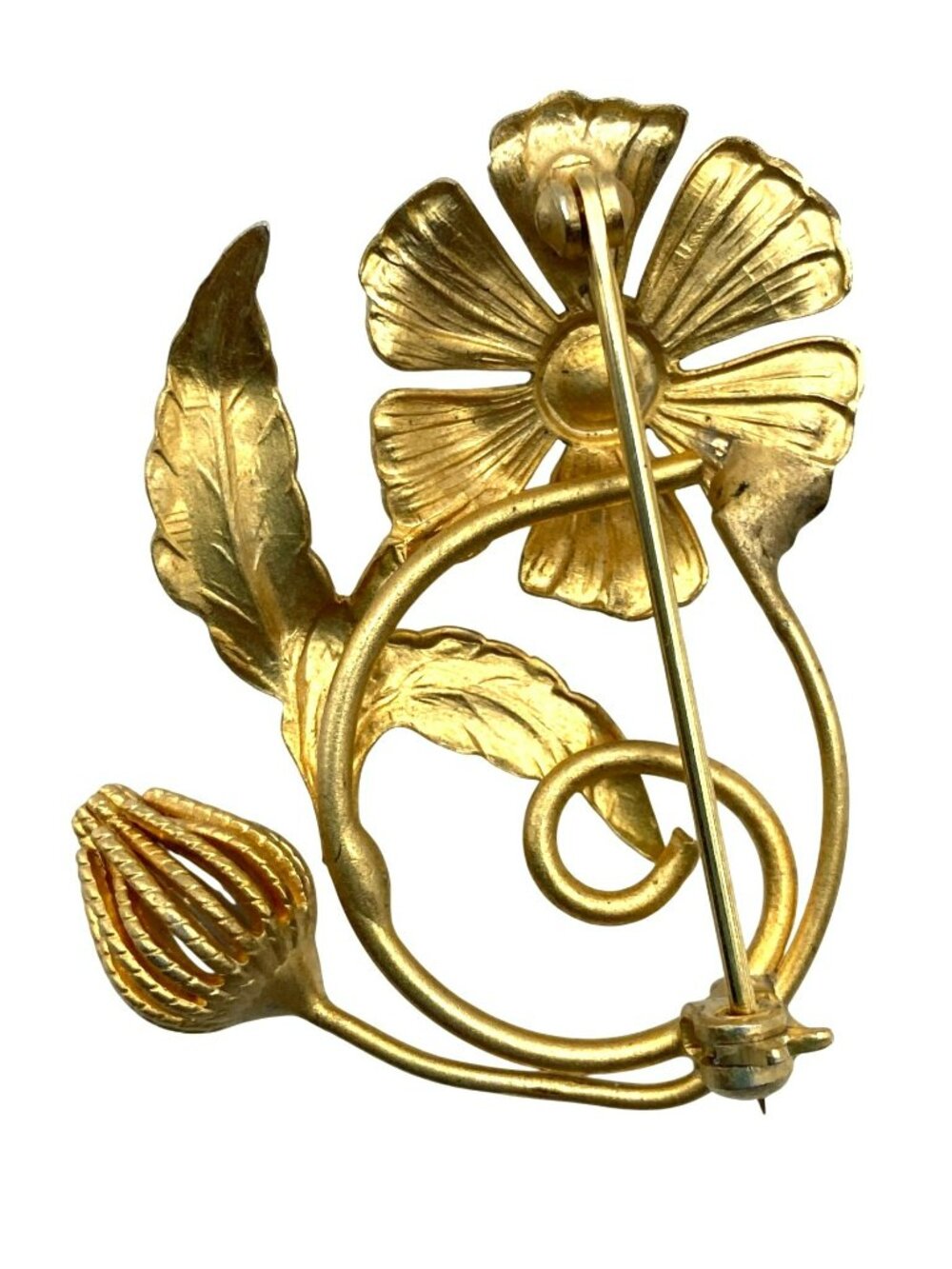 Flower Floral Brooch Faux Pearl Accents Mid Century Modern MCM Gold Tone Brass - Picture 6 of 8